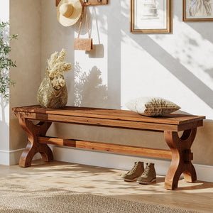 Solid Wood Entryway Bench – 55" Farmhouse Style