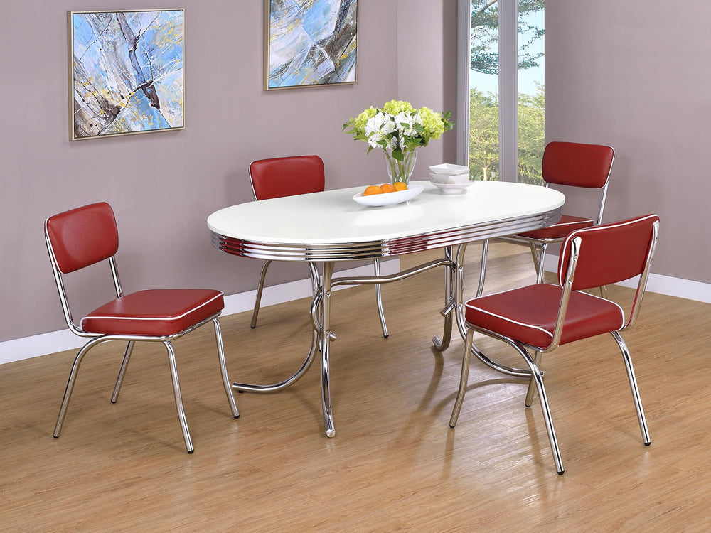 5-Piece Retro Chrome Dining Set — Oval Table & Red Faux Leather Chairs