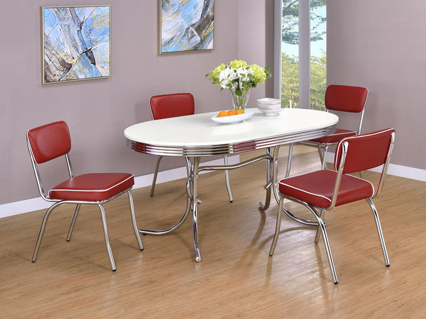 5-Piece Retro Chrome Dining Set — Oval Table & Red Faux Leather Chairs
