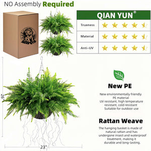 Artificial Hanging Ferns 2 Pack – Large Faux Boston Fern Bushes UV Resistant