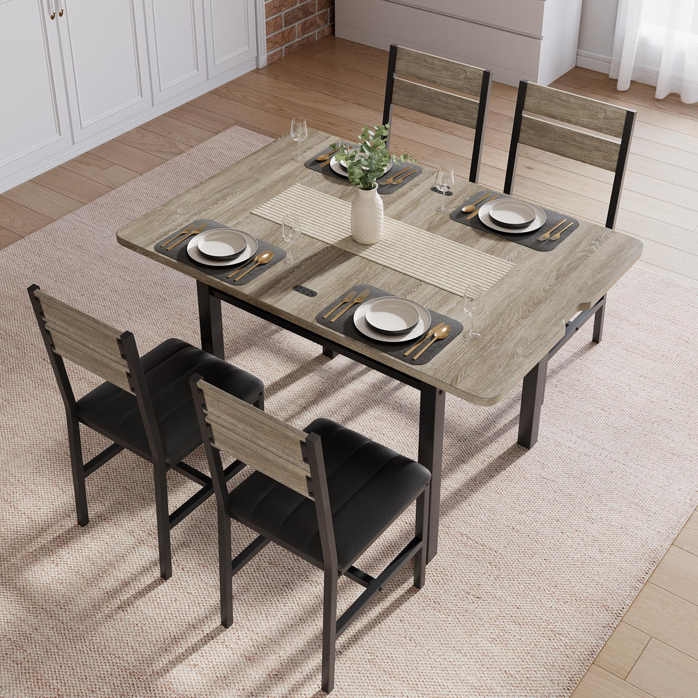 5-Piece Extendable Dining Table Set with PU Leather Chairs & Storage Rack