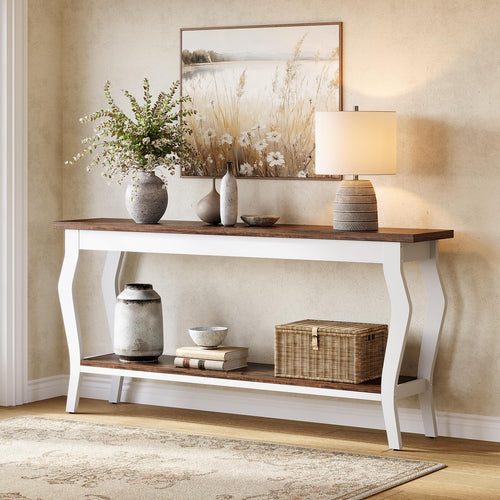 70.9" 2-Tier Console Table with Metal Legs – Brown & White