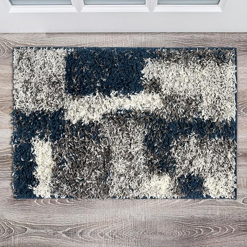 Navy Geometric Shag Area Rug — Plush Polypropylene, Non-Shedding, Multiple Sizes