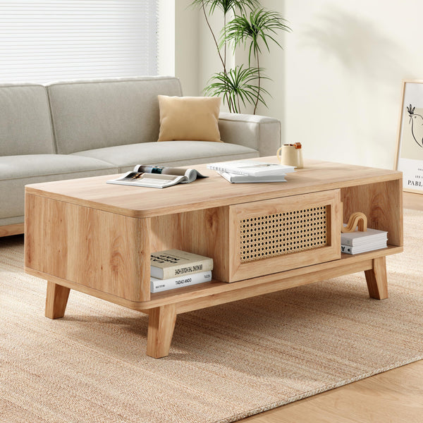 Mid-Century Coffee Table with Rattan Drawer