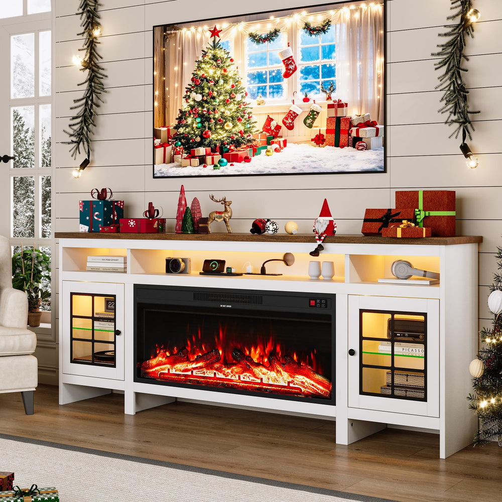 Fireplace TV Stand with LED Lights, Power Outlets & Storage Cabinet