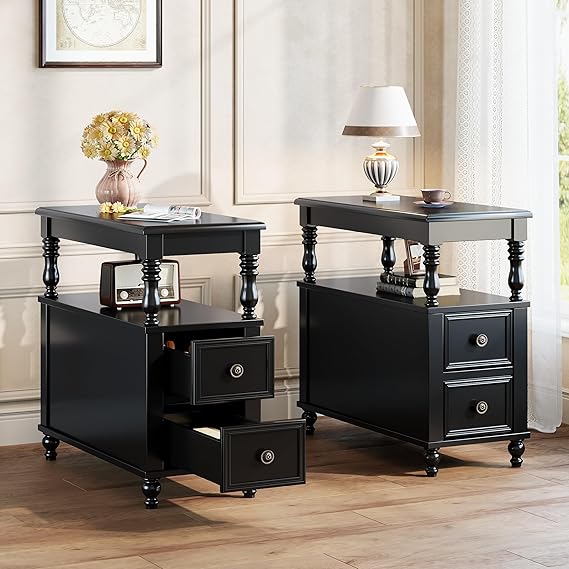 Wood End Table with 2 Drawers and Storage Shelf