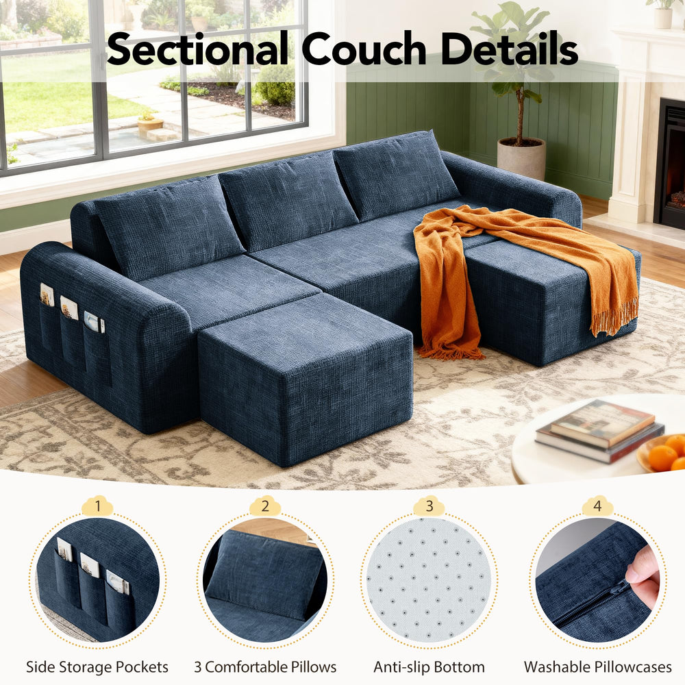 Modular Cloud Sectional Sofa with 2 Ottomans – No Assembly, Chenille, 3-Seater