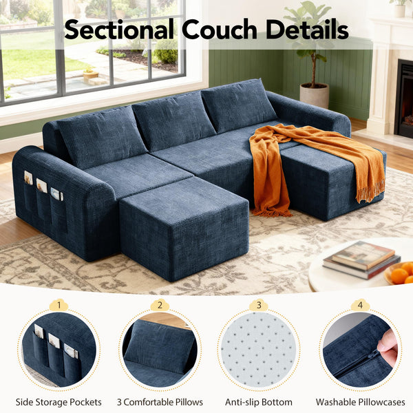 Modular Cloud Sectional Sofa with 2 Ottomans – No Assembly, Chenille, 3-Seater