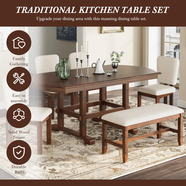 6-Piece Extendable Dining Table Set with Bench & 4 Chairs