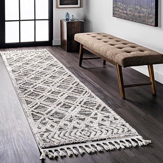 Moroccan Lattice Tassel Runner Rug 2'6" x 10' – Polyester High Pile, Stain Resistant