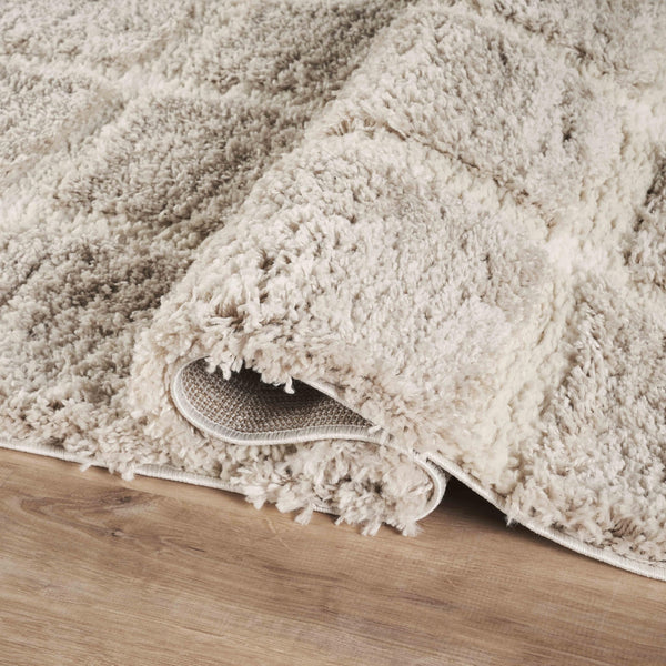 Cream Checkered Shag Area Rug – Polypropylene, High Pile, Multiple Sizes