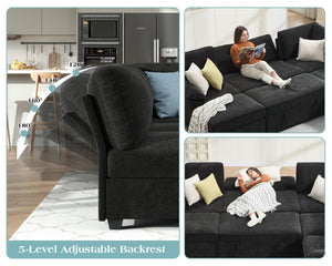 105" Sectional Sleeper Sofa with Pull-Out Bed & Reclining Backrest, 6-Seat Storage Couch