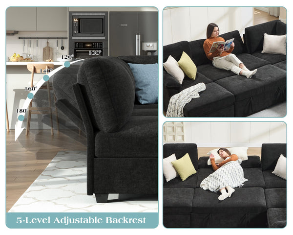 105" Sectional Sleeper Sofa with Pull-Out Bed & Reclining Backrest, 6-Seat Storage Couch