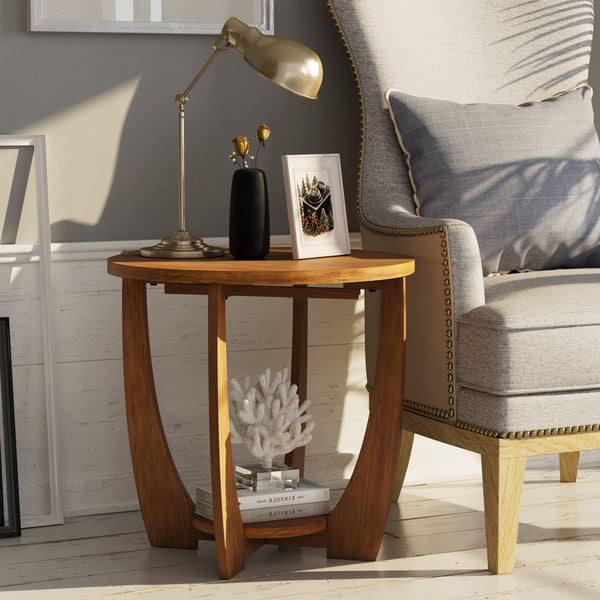 Round Farmhouse End Table with Storage Shelf