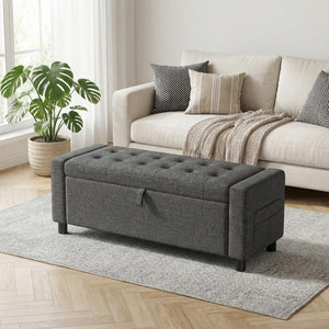Storage Ottoman Bench with Hidden Compartment & Side Pocket