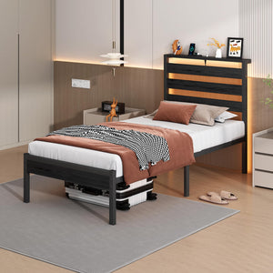 Metal Platform Bed Frame with LED Lights, USB Charging & Storage Headboard