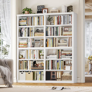 12-Shelf Double Wide Bookcase, 73" Tall Large Bookshelf with Storage