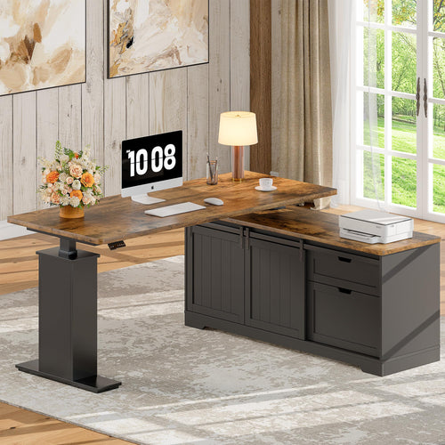 L-Shaped Electric Standing Desk with Storage Cabinet & File Drawer