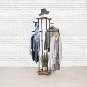 Industrial Pipe & Cedar Wood 4-Way Clothing Rack with Shelves