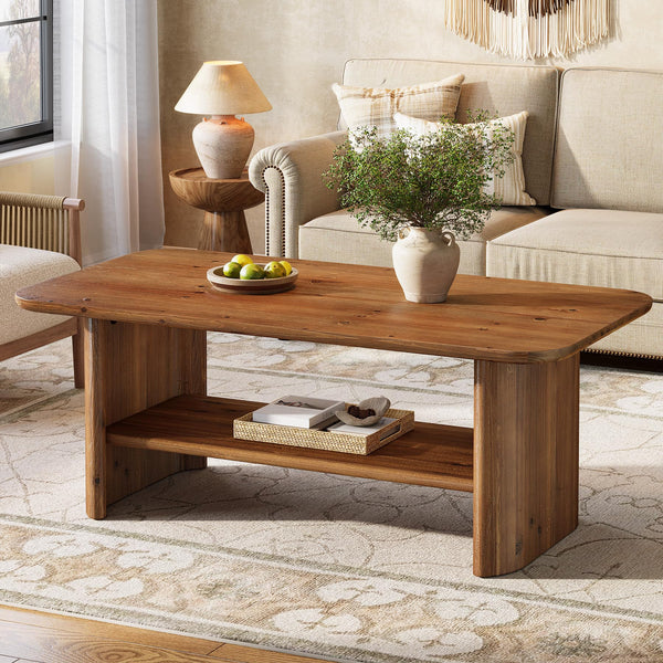 Solid Wood Coffee Table with 2-Tier Storage