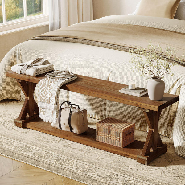 59-Inch Solid Wood Entryway Bench with Open Shelf