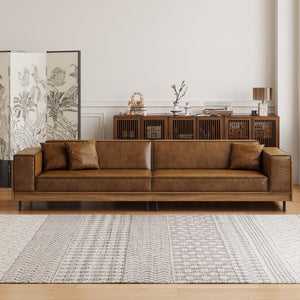 Mid-Century Modern Leather Sofa 3-Seat with Wooden Accents, Brown