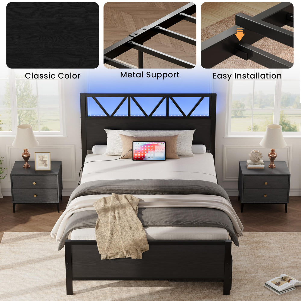 Twin Bed Frame with Storage Drawers, LED Lights & Charging Station