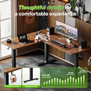 L-Shaped Electric Standing Desk with Power Outlets – 63 x 55 Inch Height Adjustable Corner Desk