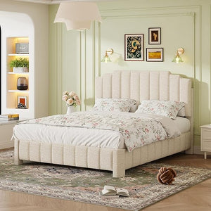 Queen Bed Frame with Adjustable Headboard – Boucle Upholstered Platform Bed