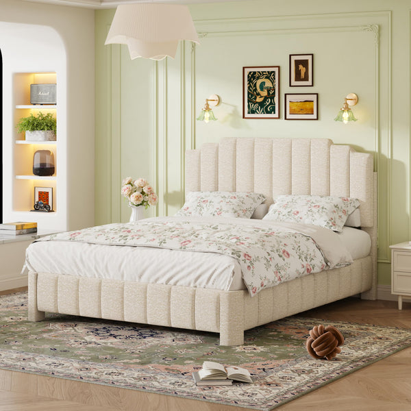 Queen Bed Frame with Adjustable Headboard & Boucle Upholstery