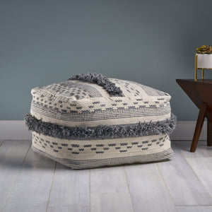 Handmade Boho Wool Cotton Pouf Ottoman with Fringe Trim