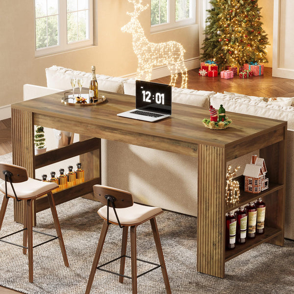 63-Inch Counter Height Bar Table with Storage Shelves