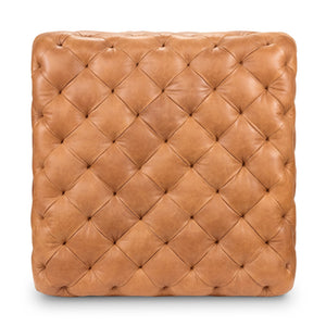 Large Square Tufted Leather Ottoman – Cognac Tan