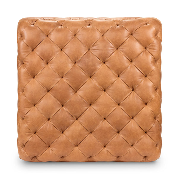 Large Square Tufted Leather Ottoman – Cognac Tan