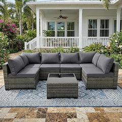 7-Piece Outdoor Wicker Patio Sectional Set with Coffee Table