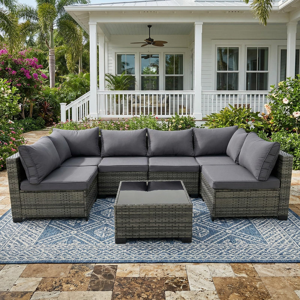 7-Piece Outdoor Wicker Patio Sectional Set with Coffee Table