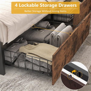 Metal Platform Bed Frame with Storage Headboard, Drawers & LED