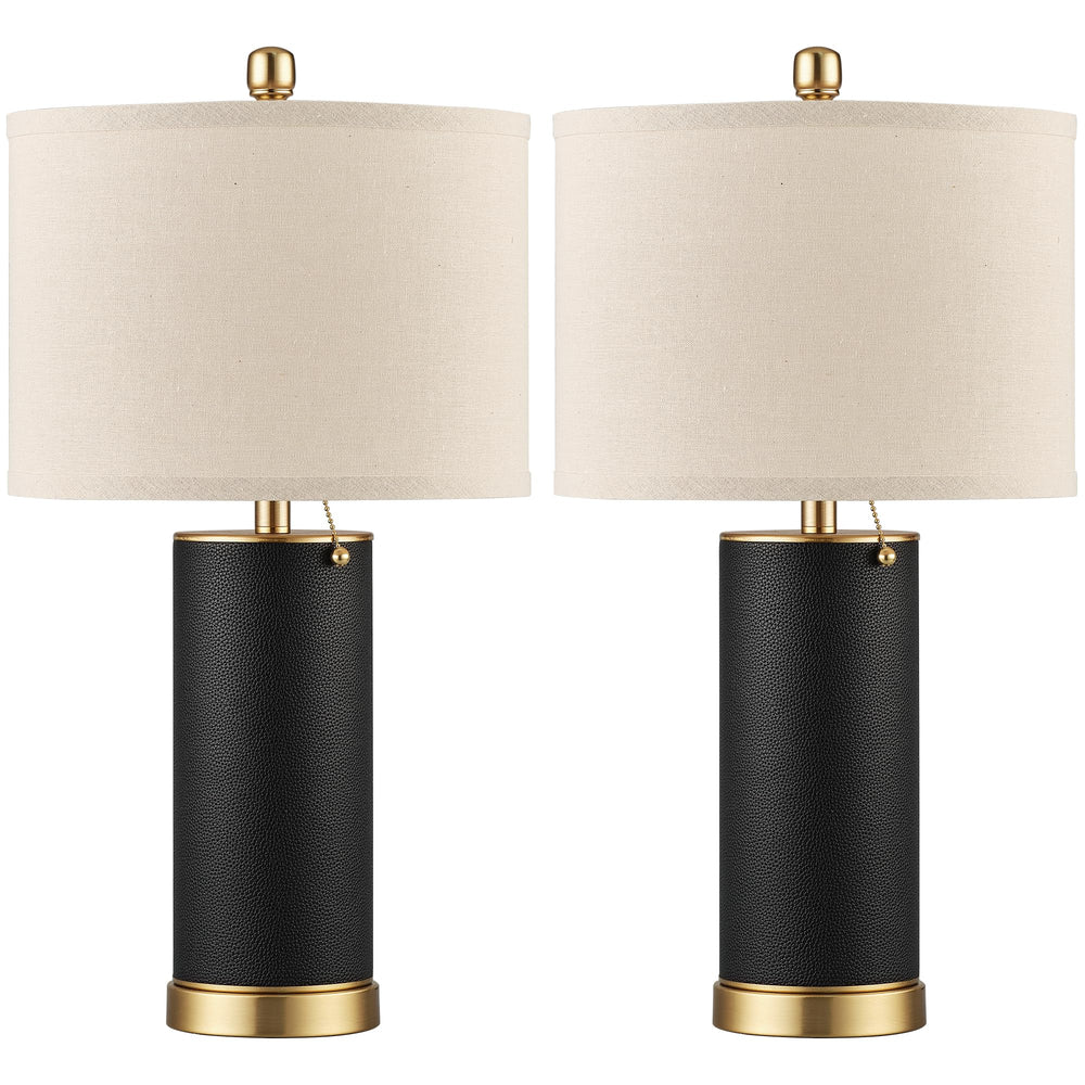 PU Leather Table Lamp Set of 2 with Beige Fabric Shade
