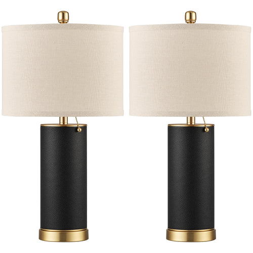 PU Leather Table Lamp Set of 2 with Beige Fabric Shade