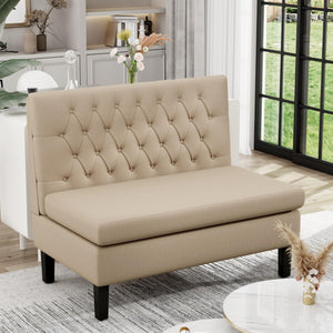 Mid-Century Modern Upholstered Settee Bench – Linen Fabric, Button Tufted, Khaki