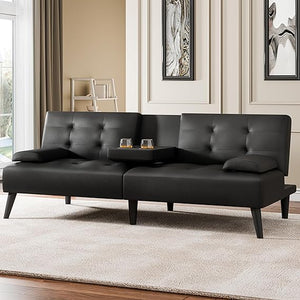 Convertible Futon Sofa Bed with Cup Holders & Adjustable Backrest