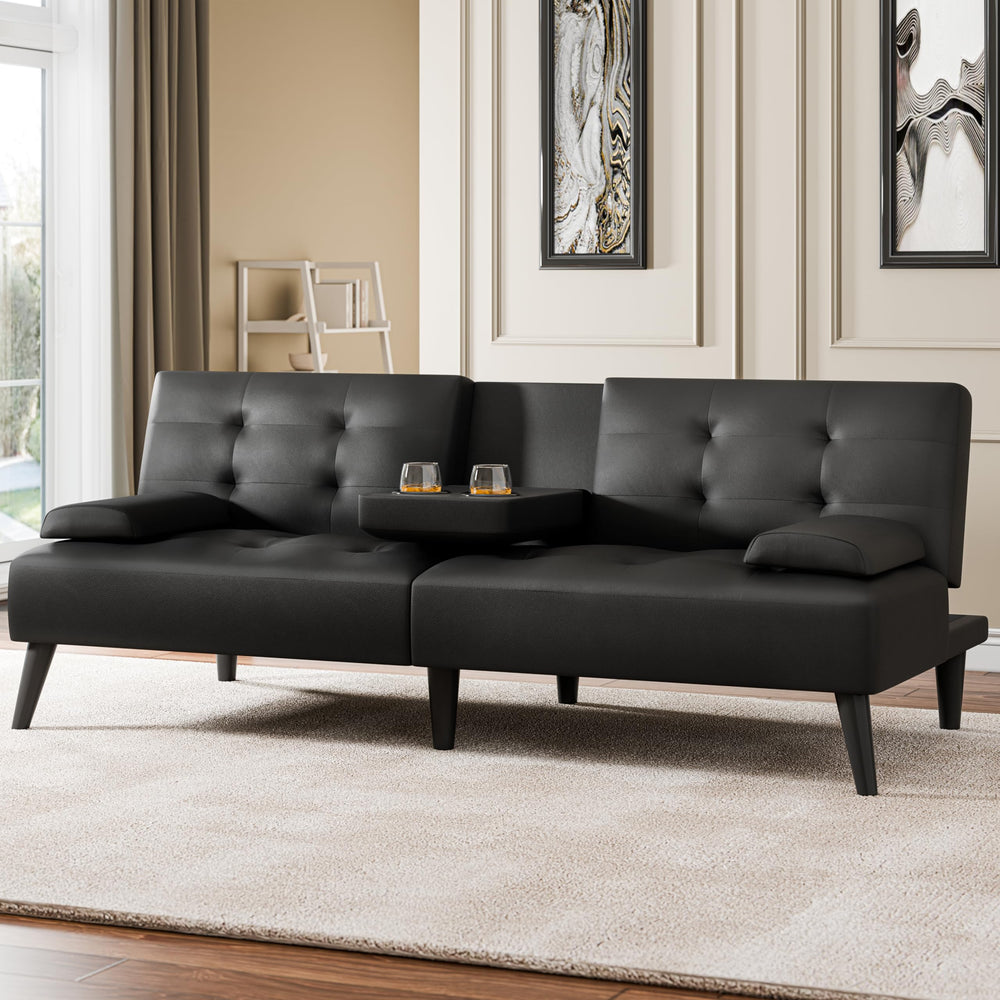 64" Futon Sofa Bed Convertible Loveseat with Cup Holders & Adjustable Angles – PU Leather Black