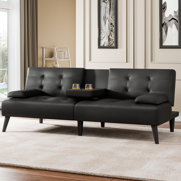 64" Futon Sofa Bed Convertible Loveseat with Cup Holders & Adjustable Angles – PU Leather Black