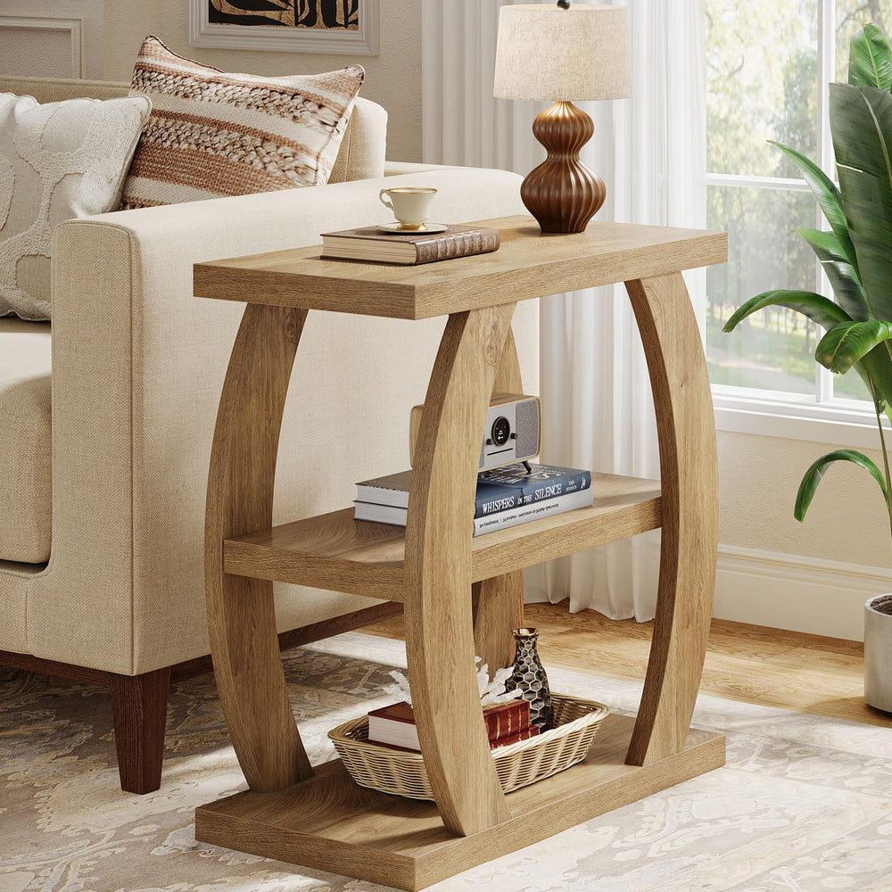 3-Tier Narrow Side Table with Storage – Natural Oak