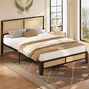 Boho Platform Bed Frame with Rattan Headboard & Underbed Storage