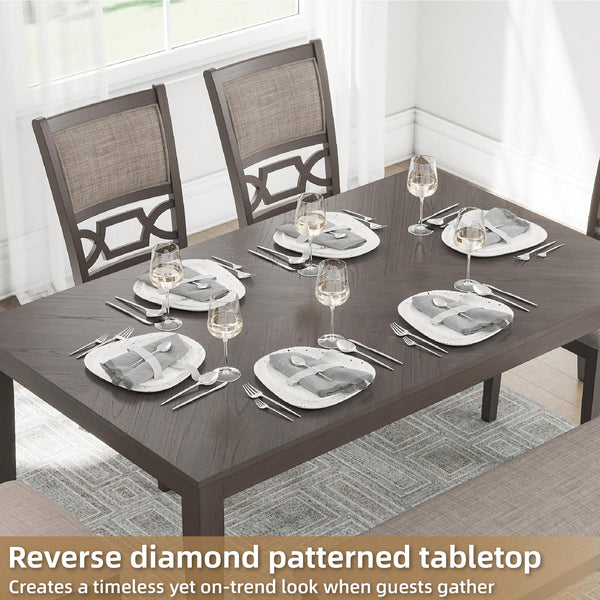 6-Piece Transitional Dining Table Set with Bench and Upholstered Chairs, Seats 6