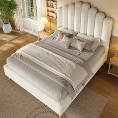 White Boucle Upholstered Bed Frame with 57" Headboard