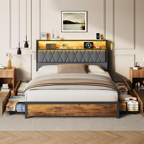 Platform Bed Frame with Storage Drawers & LED Lights