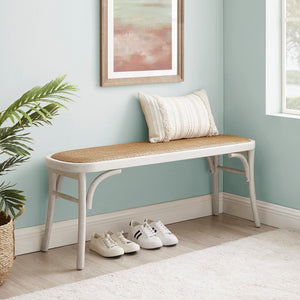 White Bentwood Bench with Rattan Seat