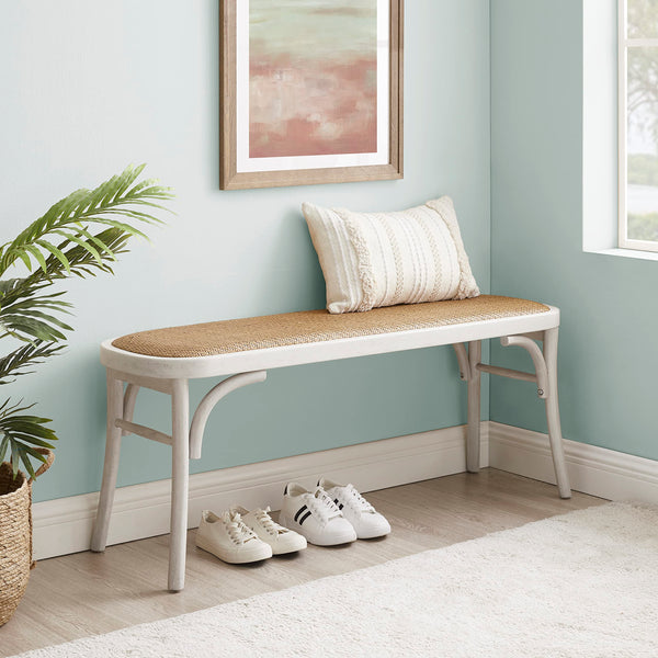 White Bentwood Bench with Rattan Seat